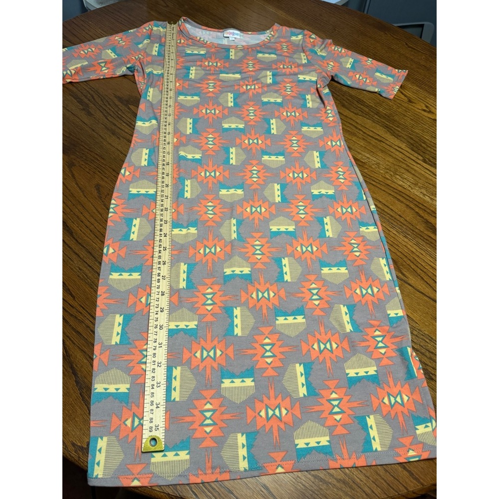 LuLaRoe Julia Dress Womens Medium Grey Orange Southwestern Geometric Sheath - Picture 3 of 5